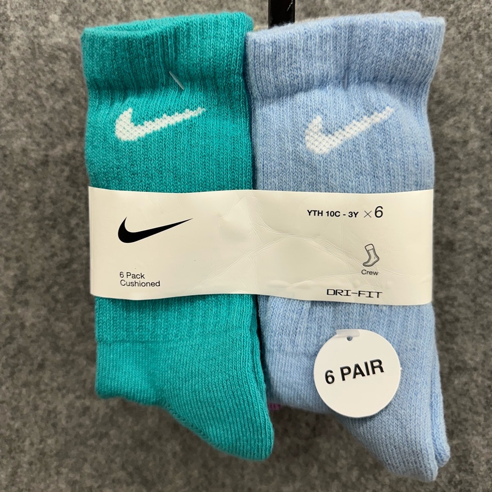 Nike 6-Pack Girl's Dri-FIT Youth Crew Socks Cushioned Multicolor 10C-3Y